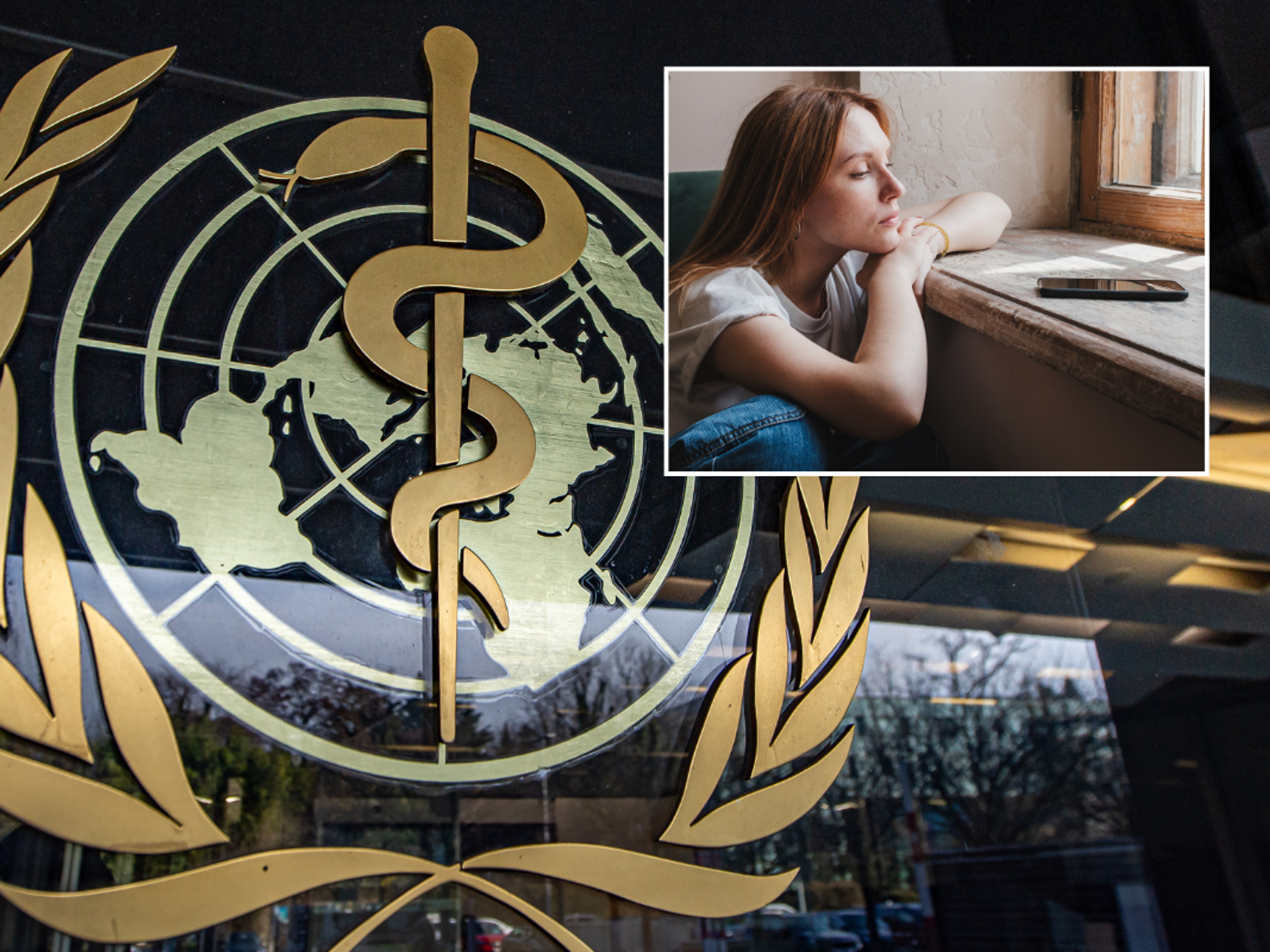 WHO logo; woman looking at her phone