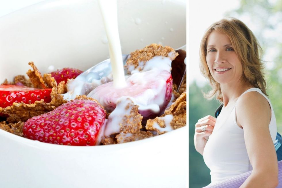 Whole grain cereal and strawberries / fit and healthy woman