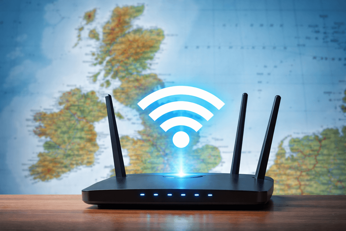 Wi-Fi router in front of map of the UK