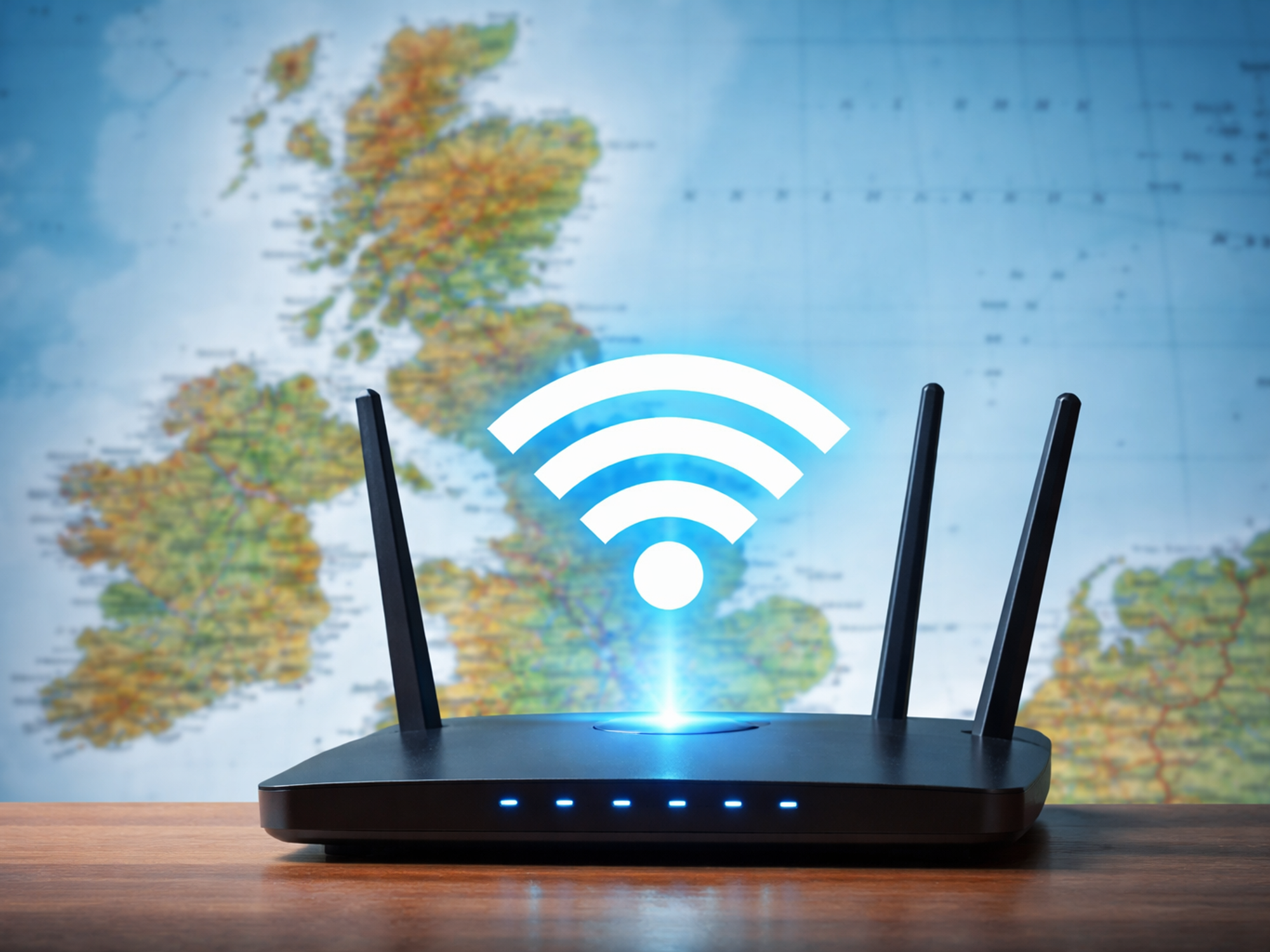Wi-Fi router in front of map of the UK