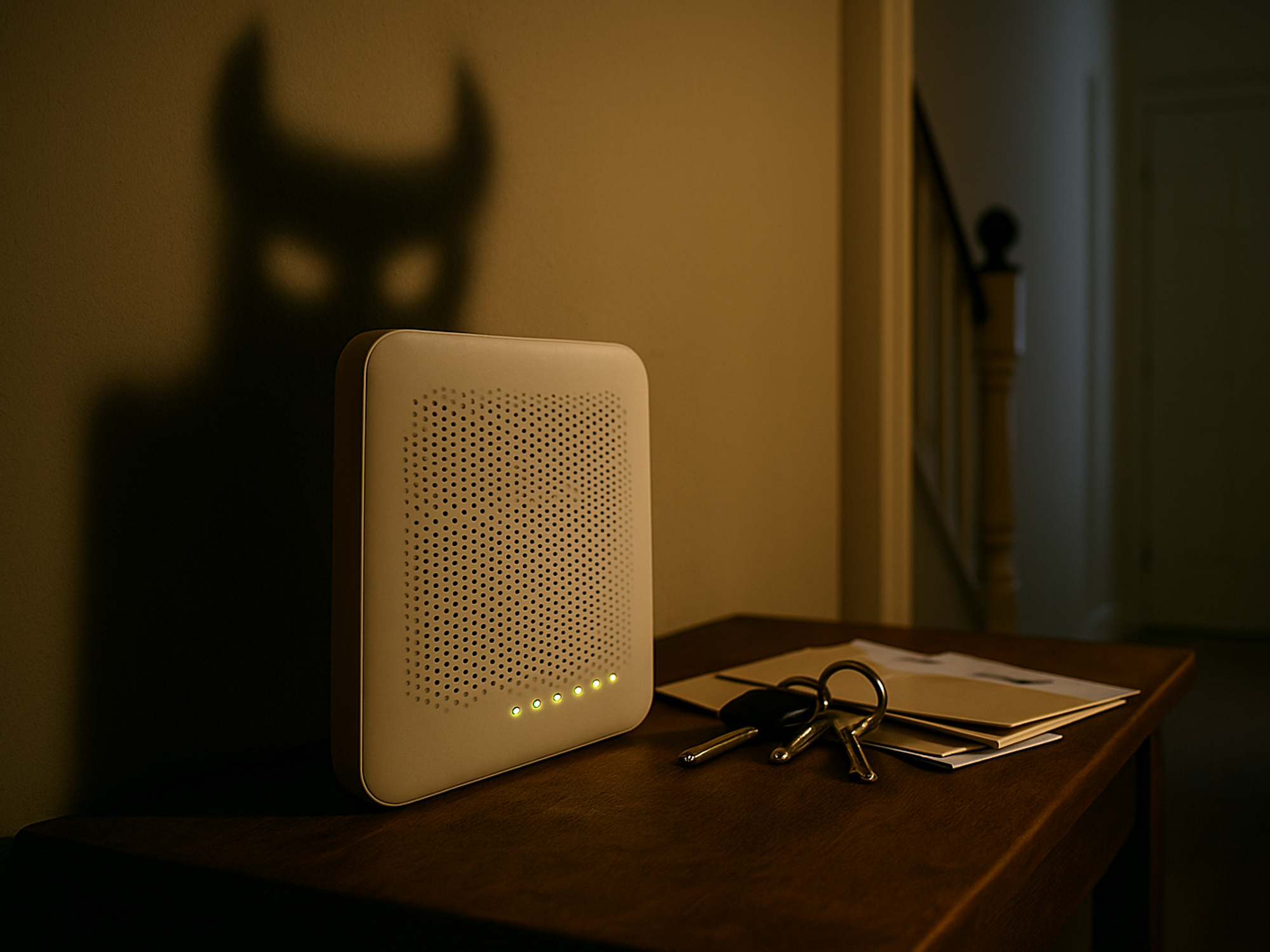 Wi-Fi router pictured in the hallway of a UK home with an ominous shadow behind it