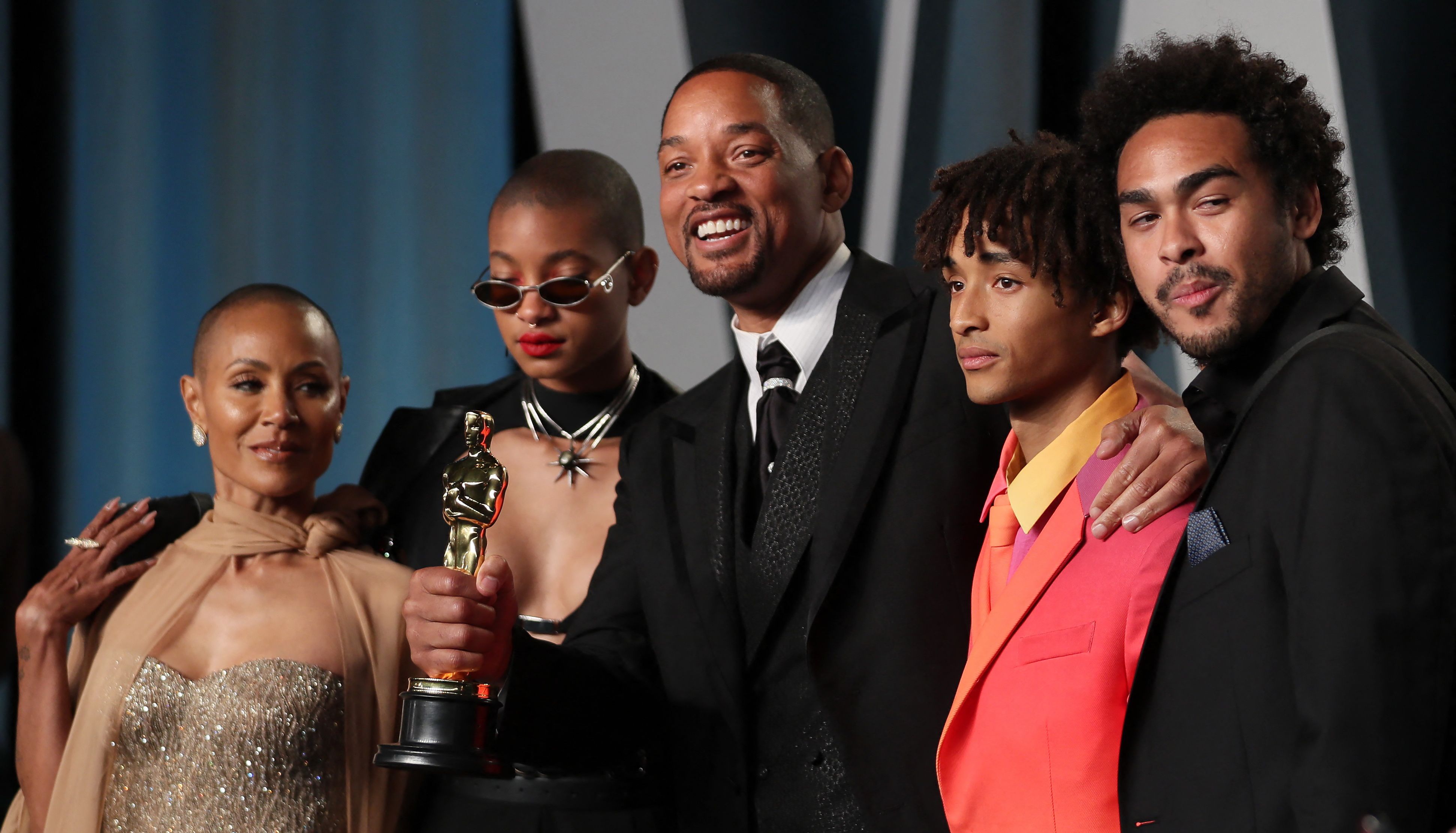 Will Smith alongside his family, including son Jaden (2nd R)