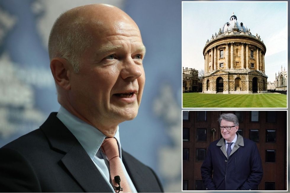 William Hague with insets of Oxford University and Peter Mandelson