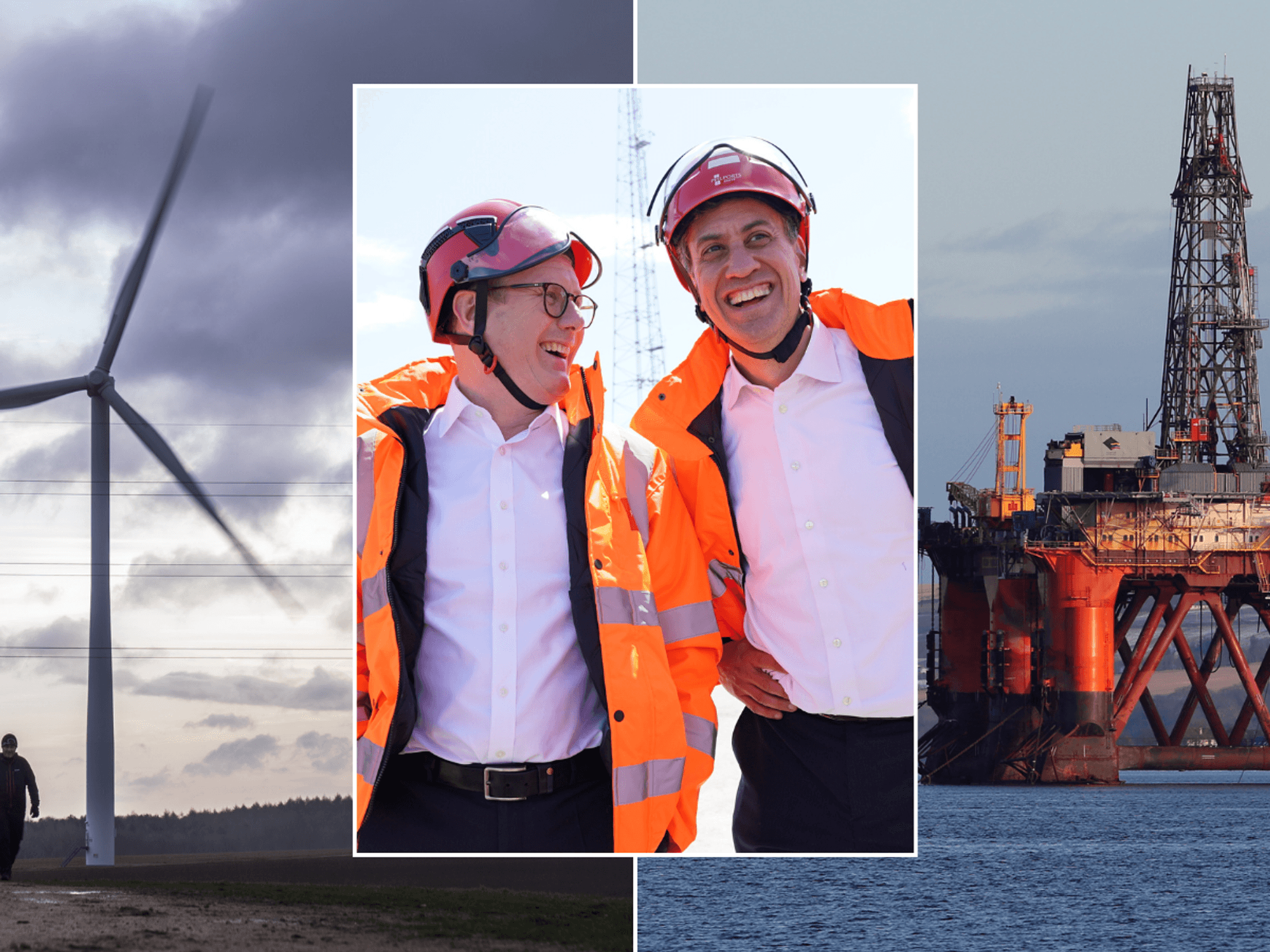 Wind turbine/Miliband and Starmer/North Sea oil rig