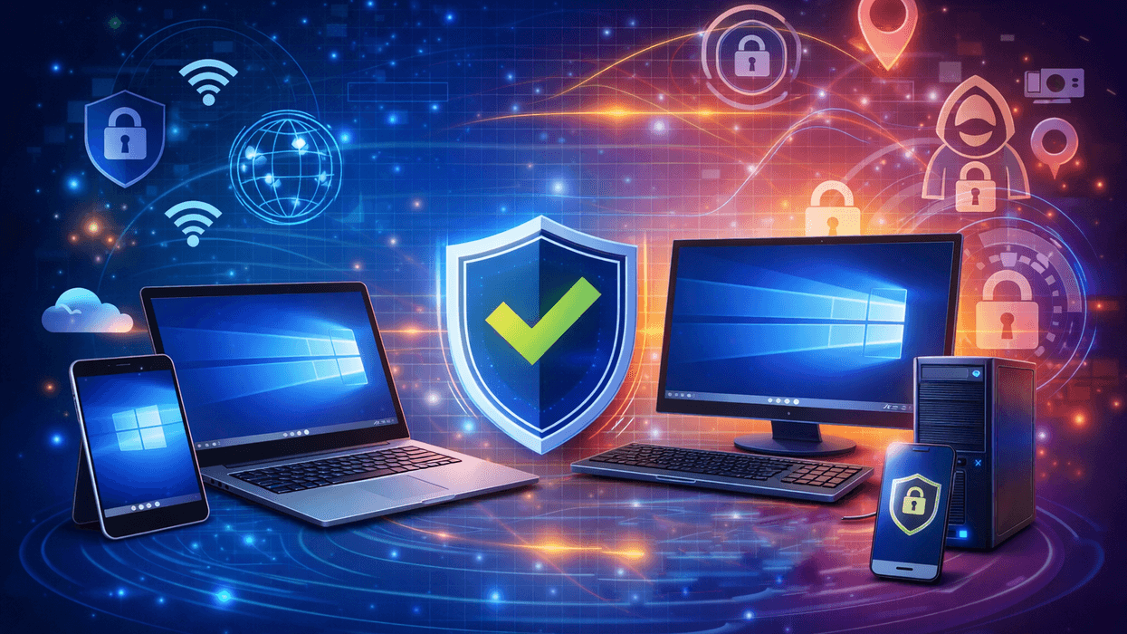 windows 10 desktop background shown on laptop and desktop PC with VPN symbols in the background