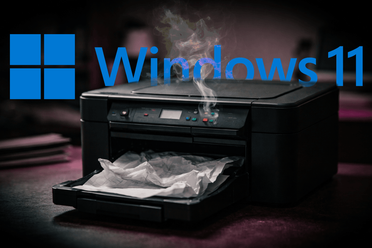 Windows 11 logo with a broken printer in the foreground