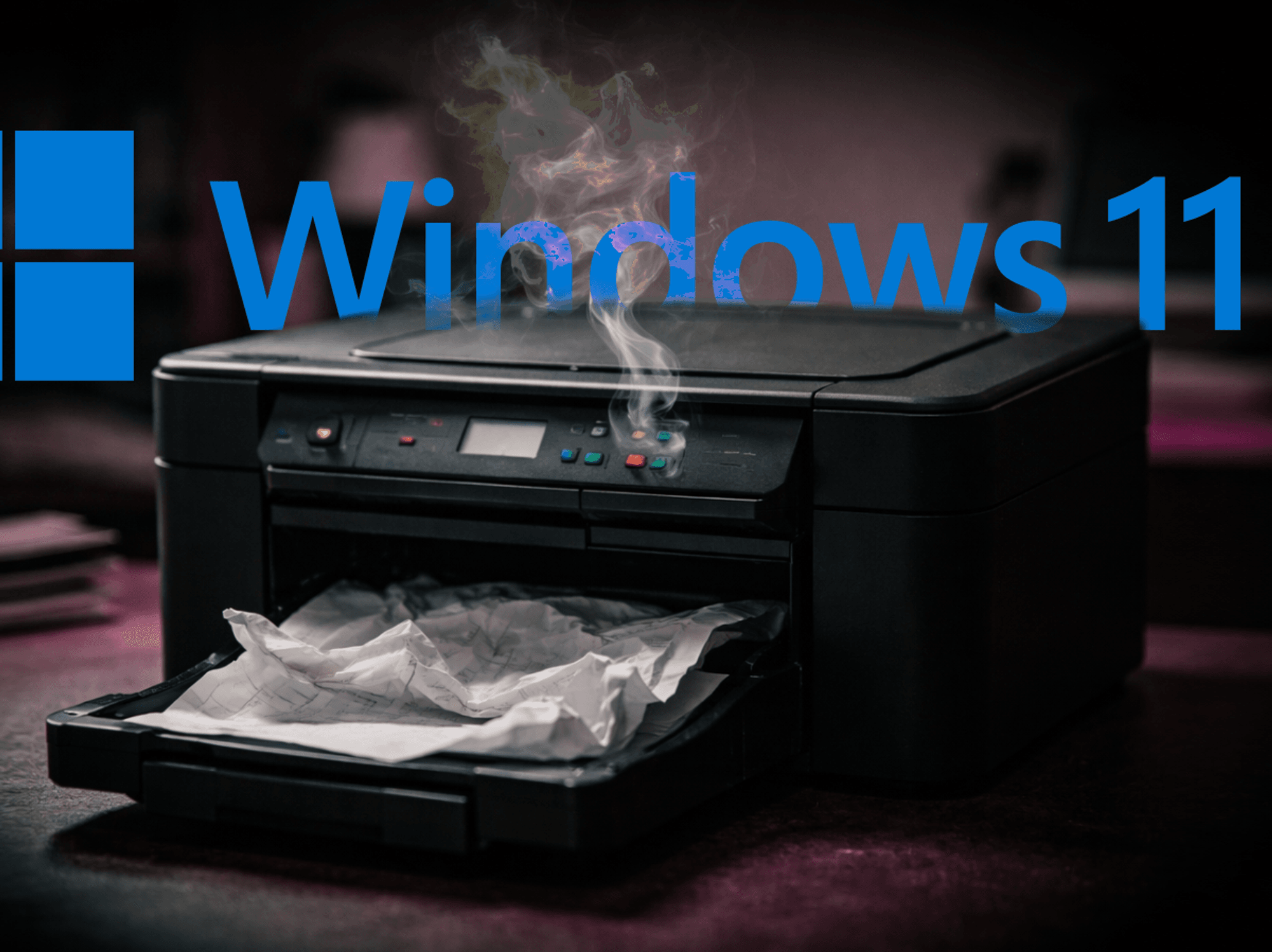 Windows 11 logo with a broken printer in the foreground