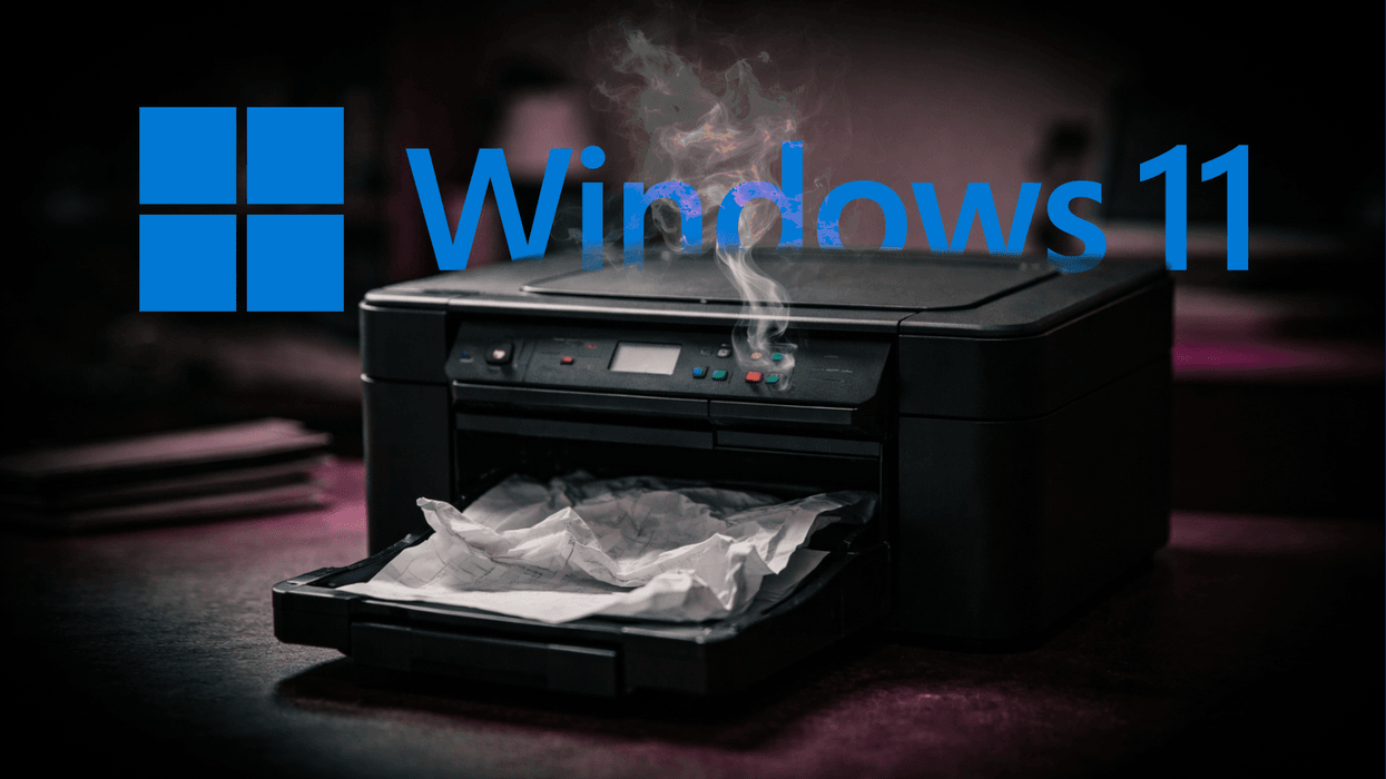 Windows 11 logo with a broken printer in the foreground