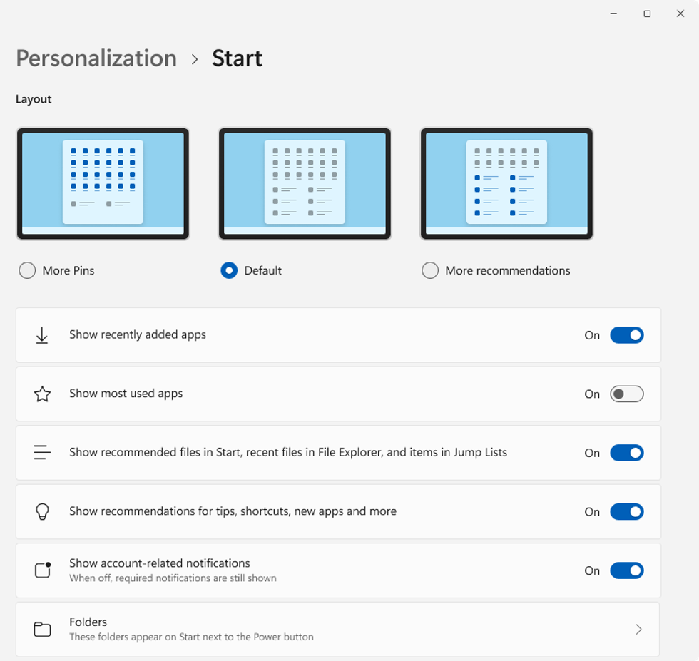 Windows 11 Start menu customisation