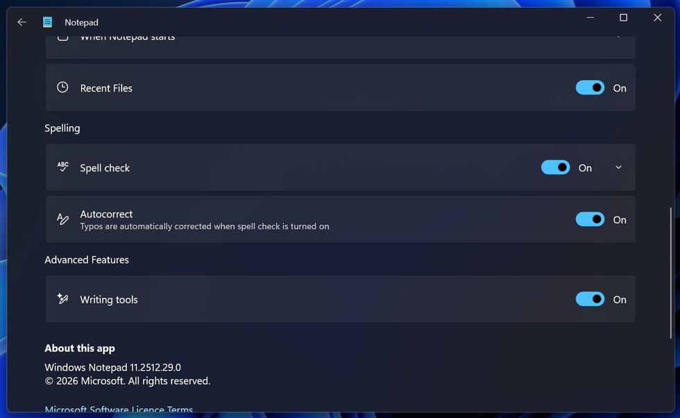 Windows Notepad settings
