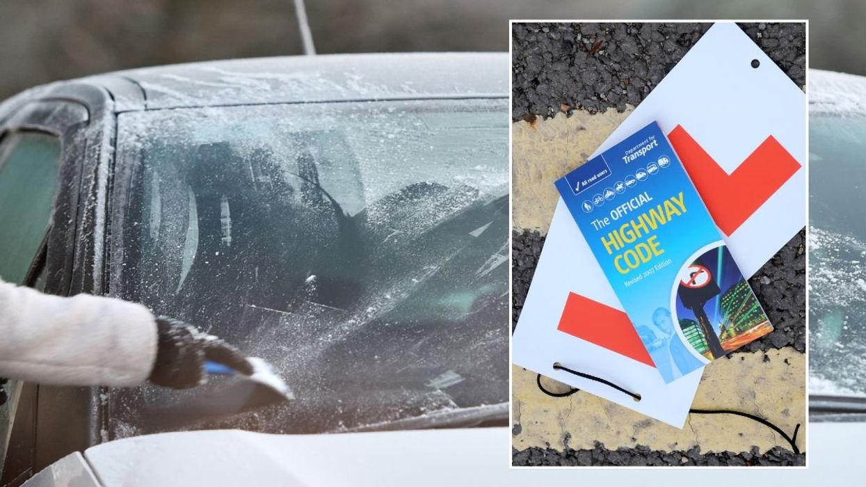 Windscreen covered in frost and a copy of the Highway Code