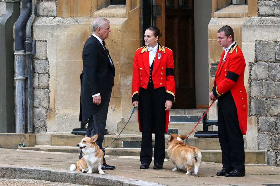 WINDSOR, ENGLAND - SEPTEMBER 19: Prince Andrew, Duke of York speaks with members of the Royal Household on September 19, 2022 in Windsor, England. The committal service at St George's Chapel, Windsor Castle, took place following the state funeral at Westminster Abbey. A private burial in The King George VI Memorial Chapel followed. Queen Elizabeth II died at Balmoral Castle in Scotland on September 8, 2022, and is succeeded by her eldest son, King Charles III. Justin Setterfield/Pool via REUTERS