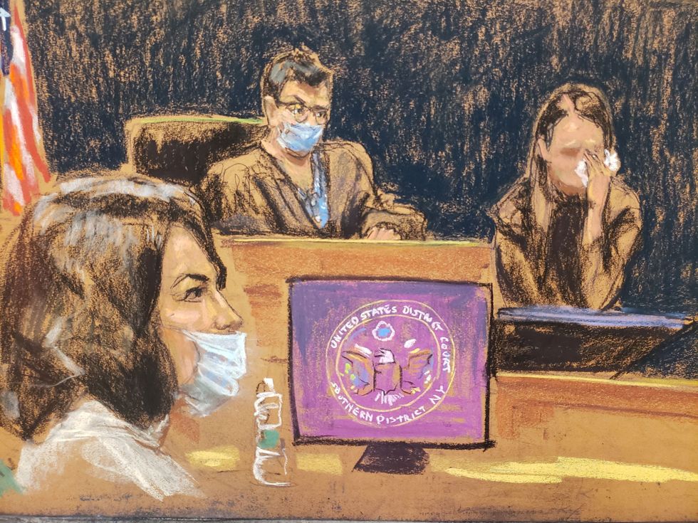 Witness \%22Jane\%22 testifies during Ghislaine Maxwell's trial on charges of sex trafficking, in a courtroom sketch in New York City, U.S.