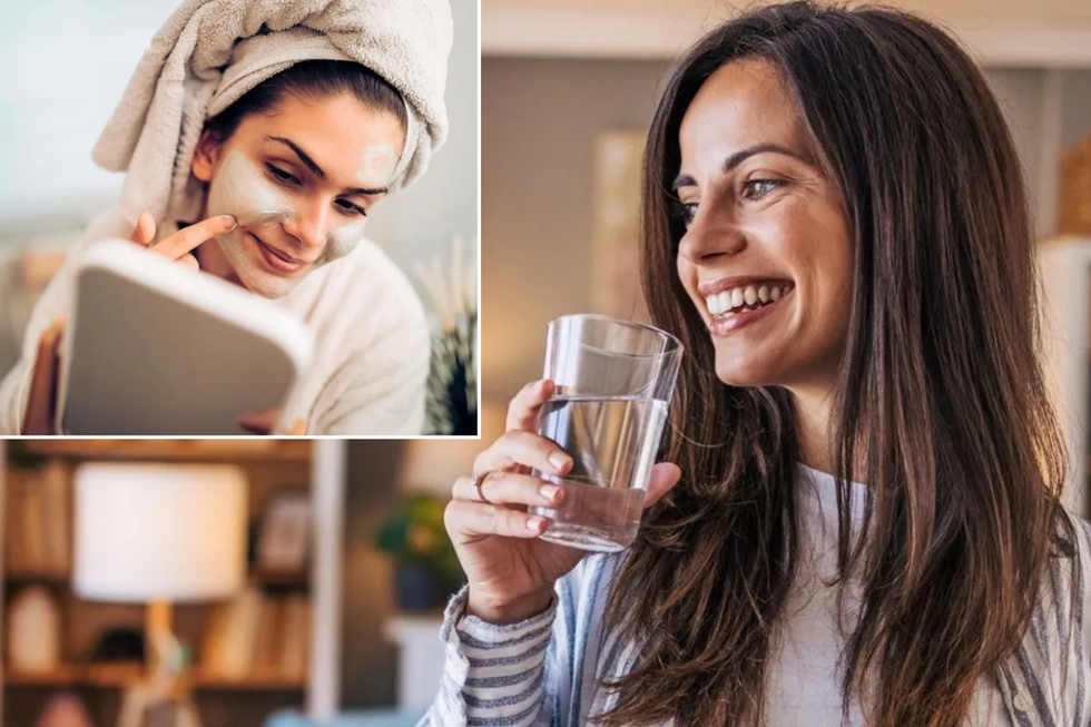 Woman applying face mask / woman drinking water