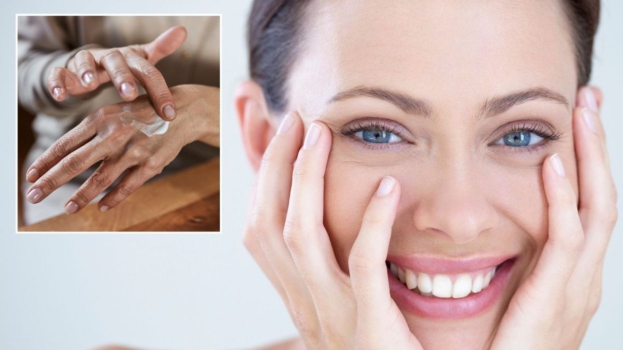 Woman applying hand cream / Young woman with hands on face