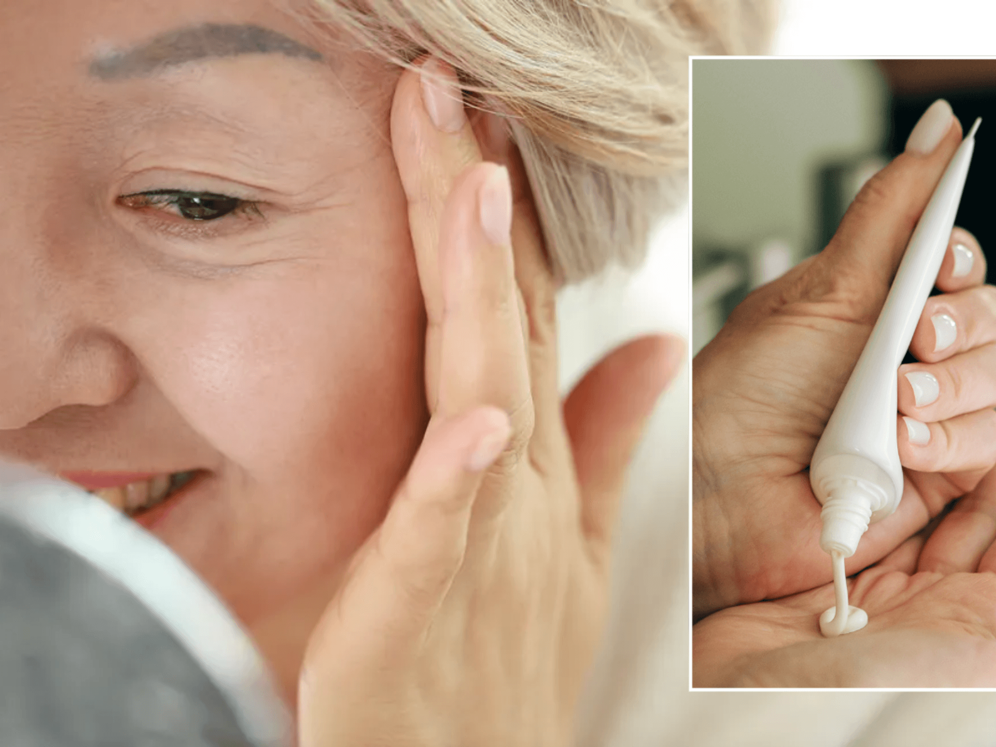woman applying skin care / Moisturiser or SPF on hand