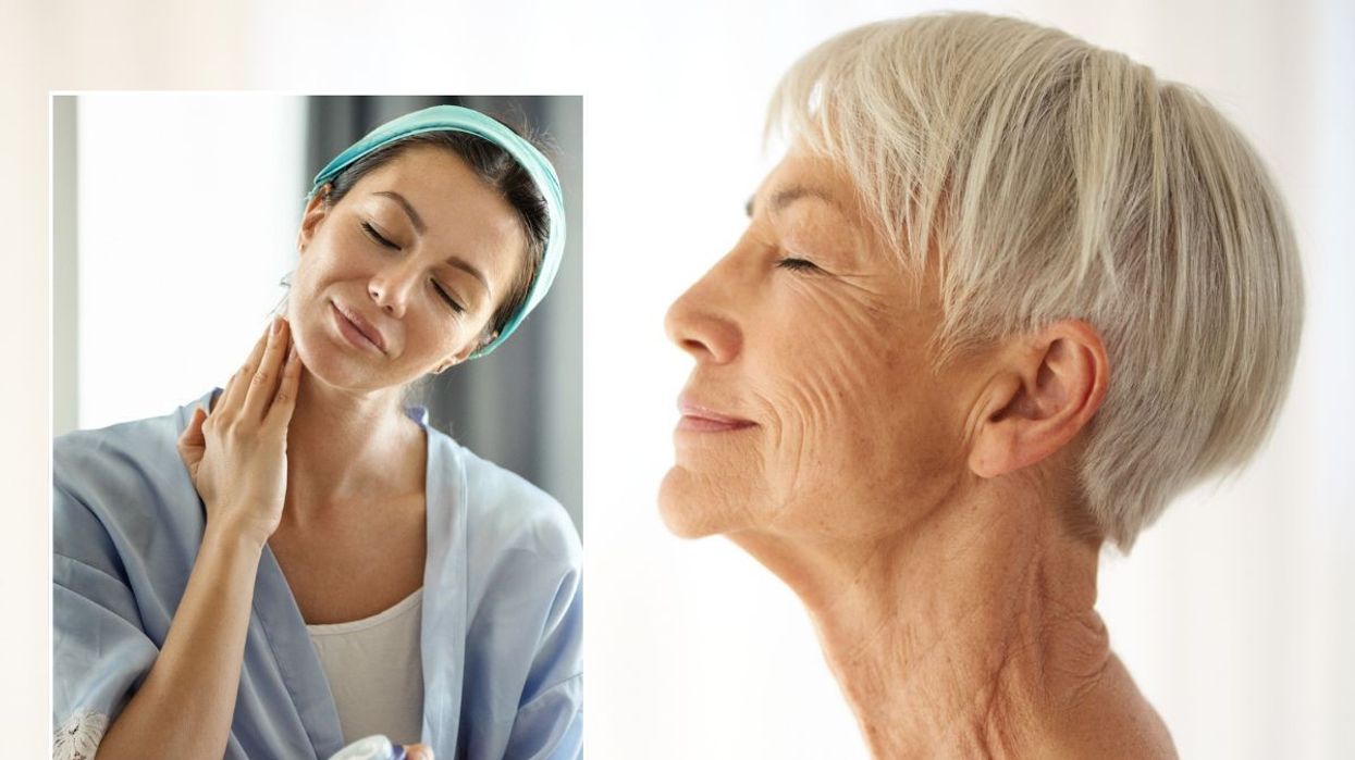 Woman applying skin care to neck / Older woman's neck