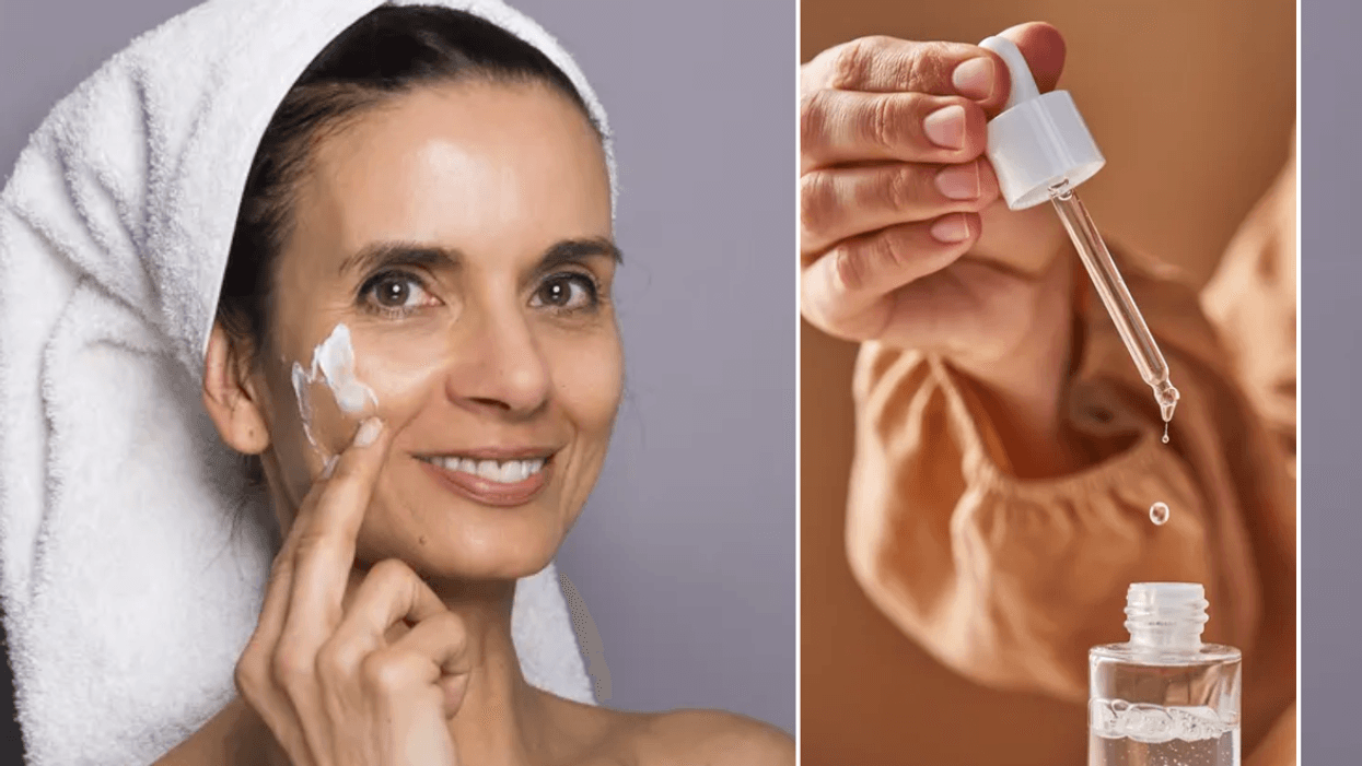 Woman applying SPF / Retinol in a bottle