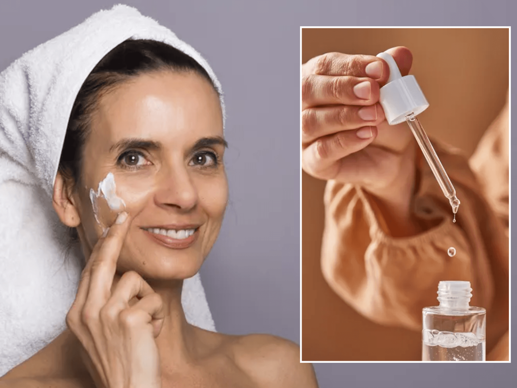 Woman applying SPF / Retinol in a bottle