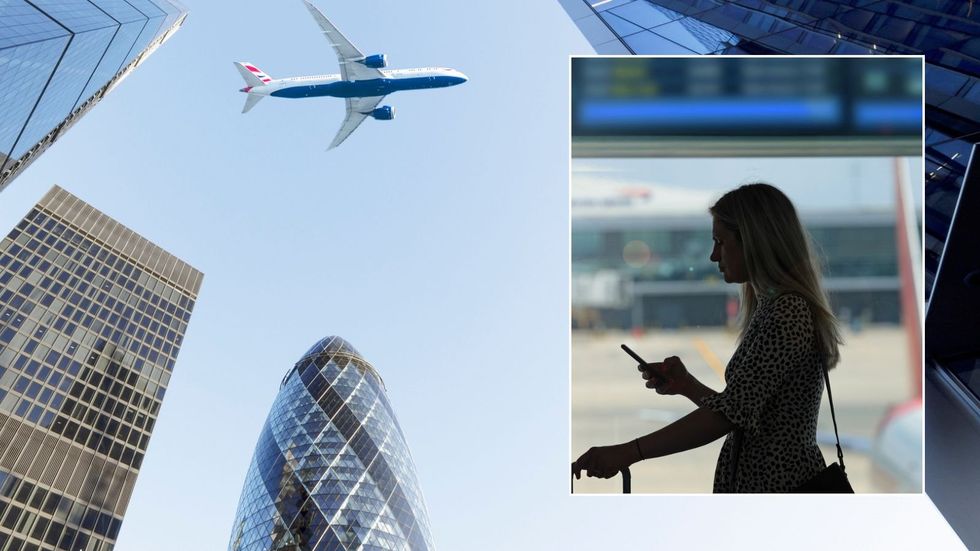Woman at airport and plane