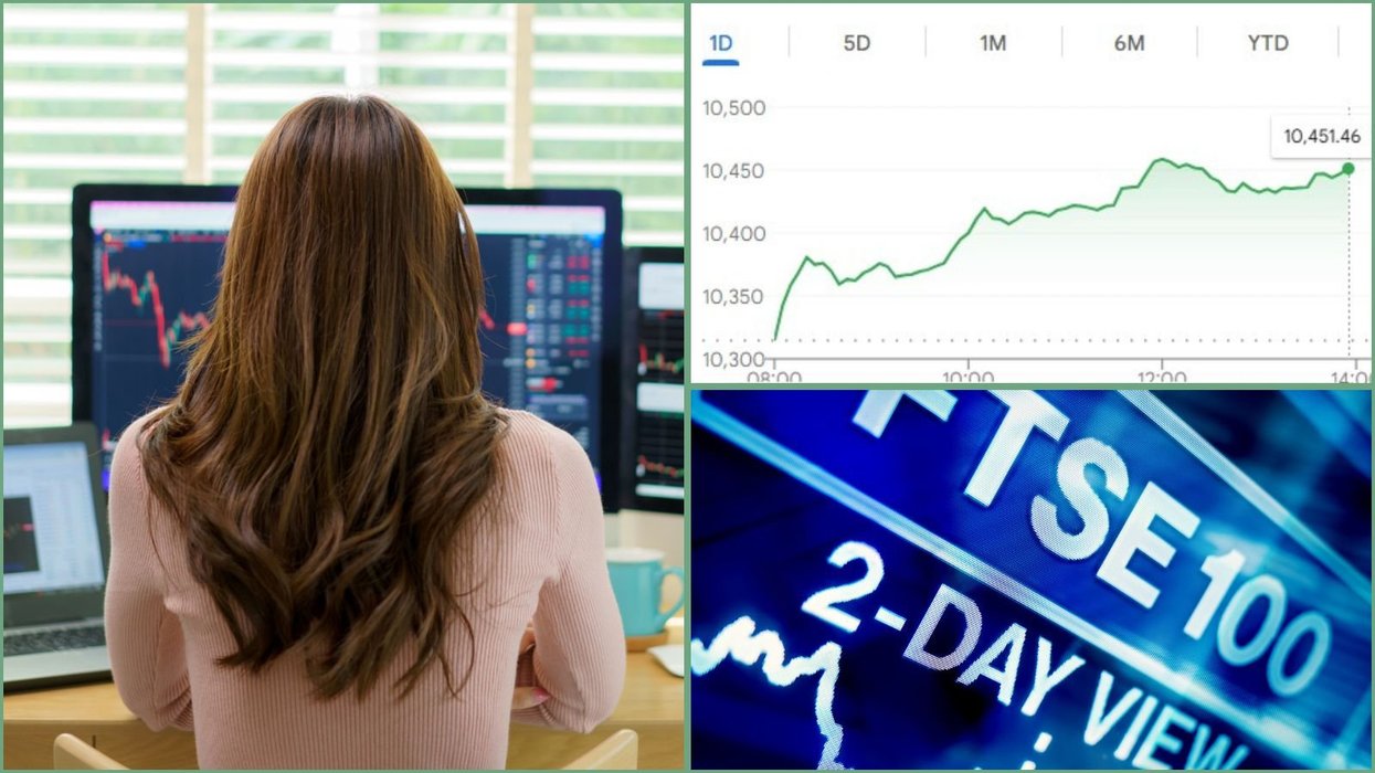 Woman at compute, Ftse 100 and stock market index