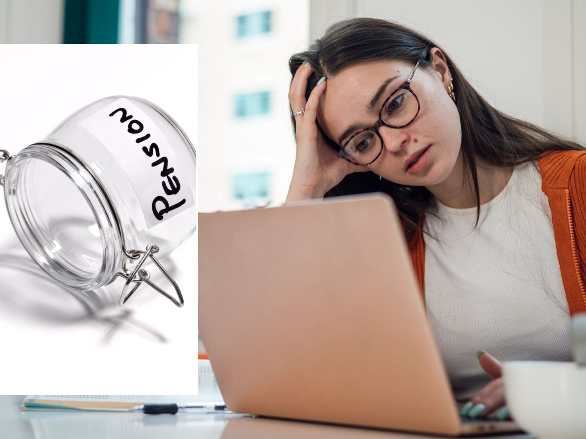 Woman at laptop looking worried and empty pension pot