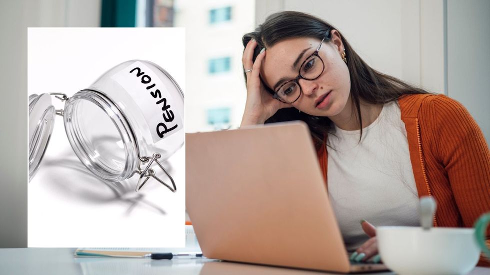 Woman at laptop looking worried and empty pension pot