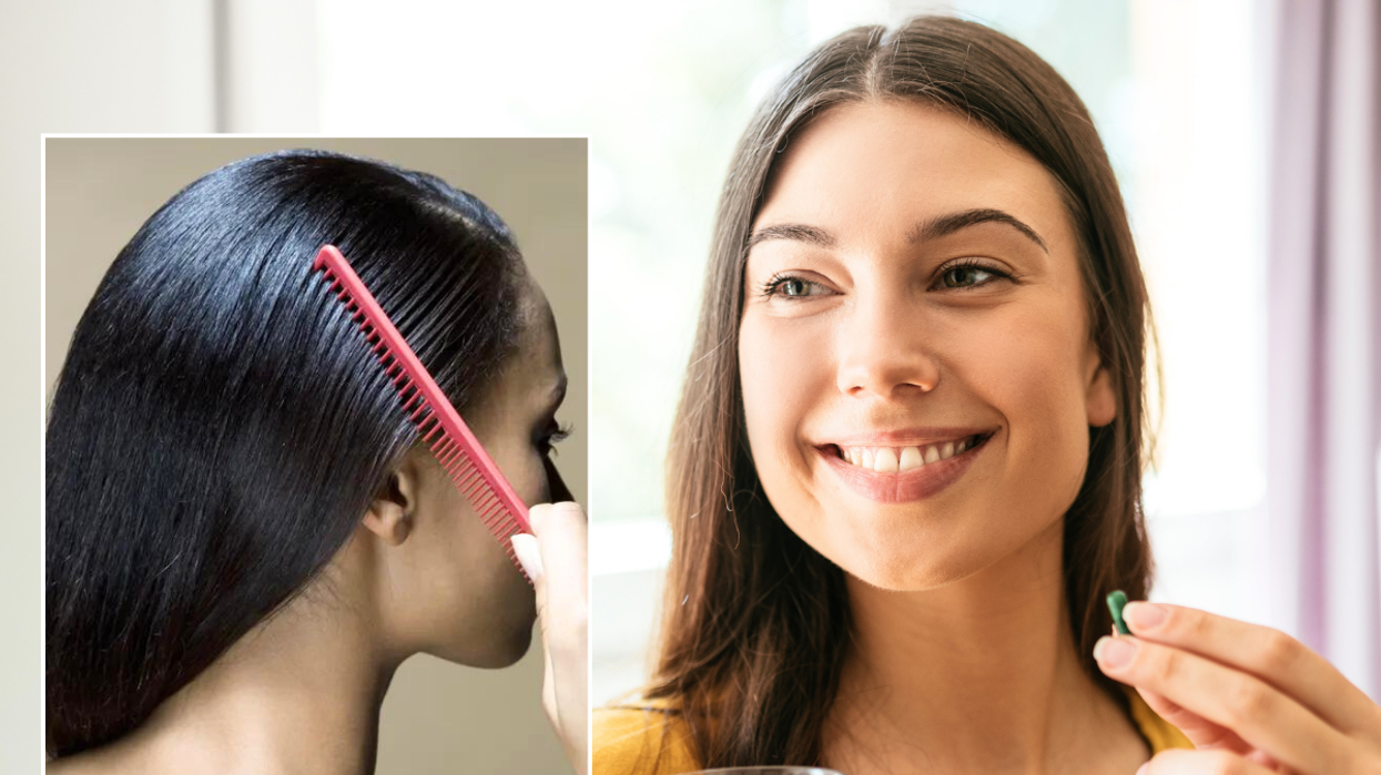 Woman brushing hair / woman taking supplement