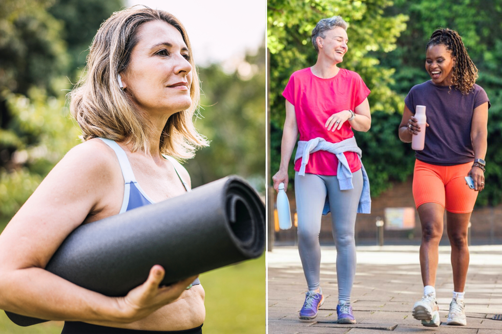 Woman carrying yoga mat / two women walking