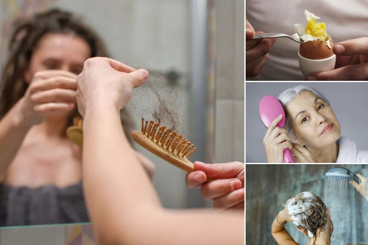 Woman checking for hair loss / Eating a boiled egg / Woman brushing hair / Woman washing hair