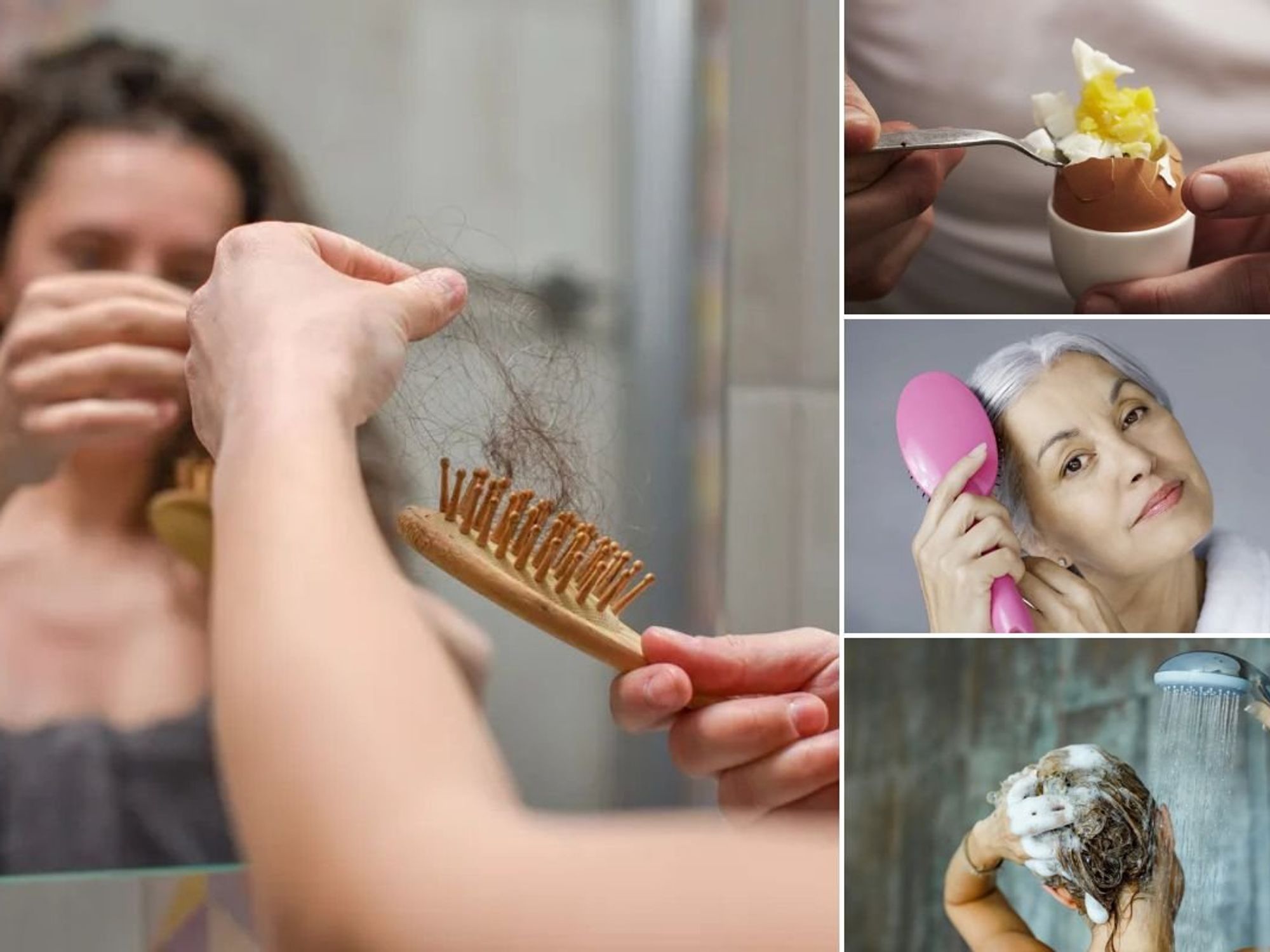 Woman checking for hair loss / Eating a boiled egg / Woman brushing hair / Woman washing hair