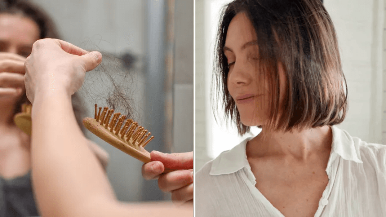Woman checking for hair loss / woman spraying hair