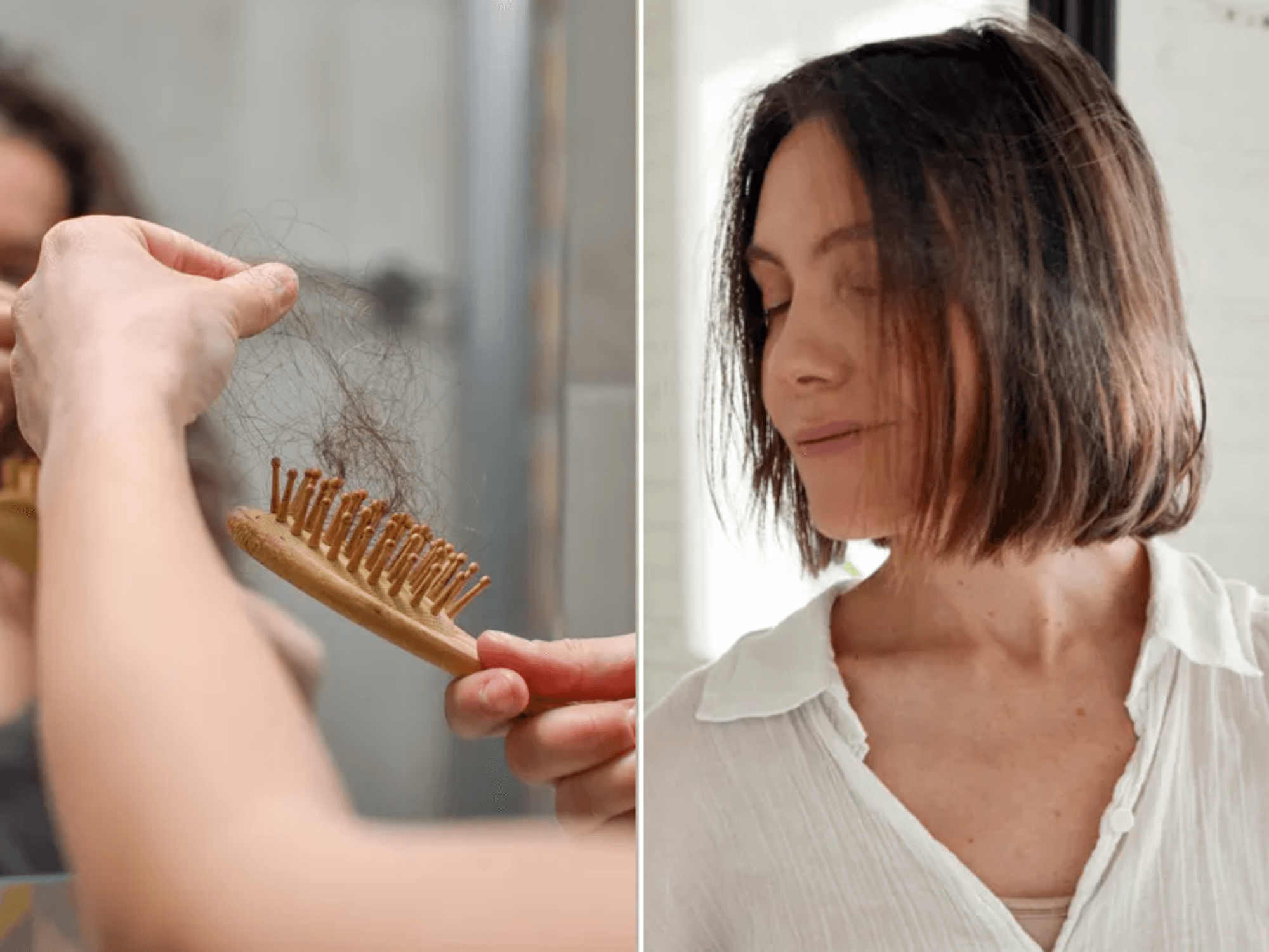 Woman checking for hair loss / woman spraying hair