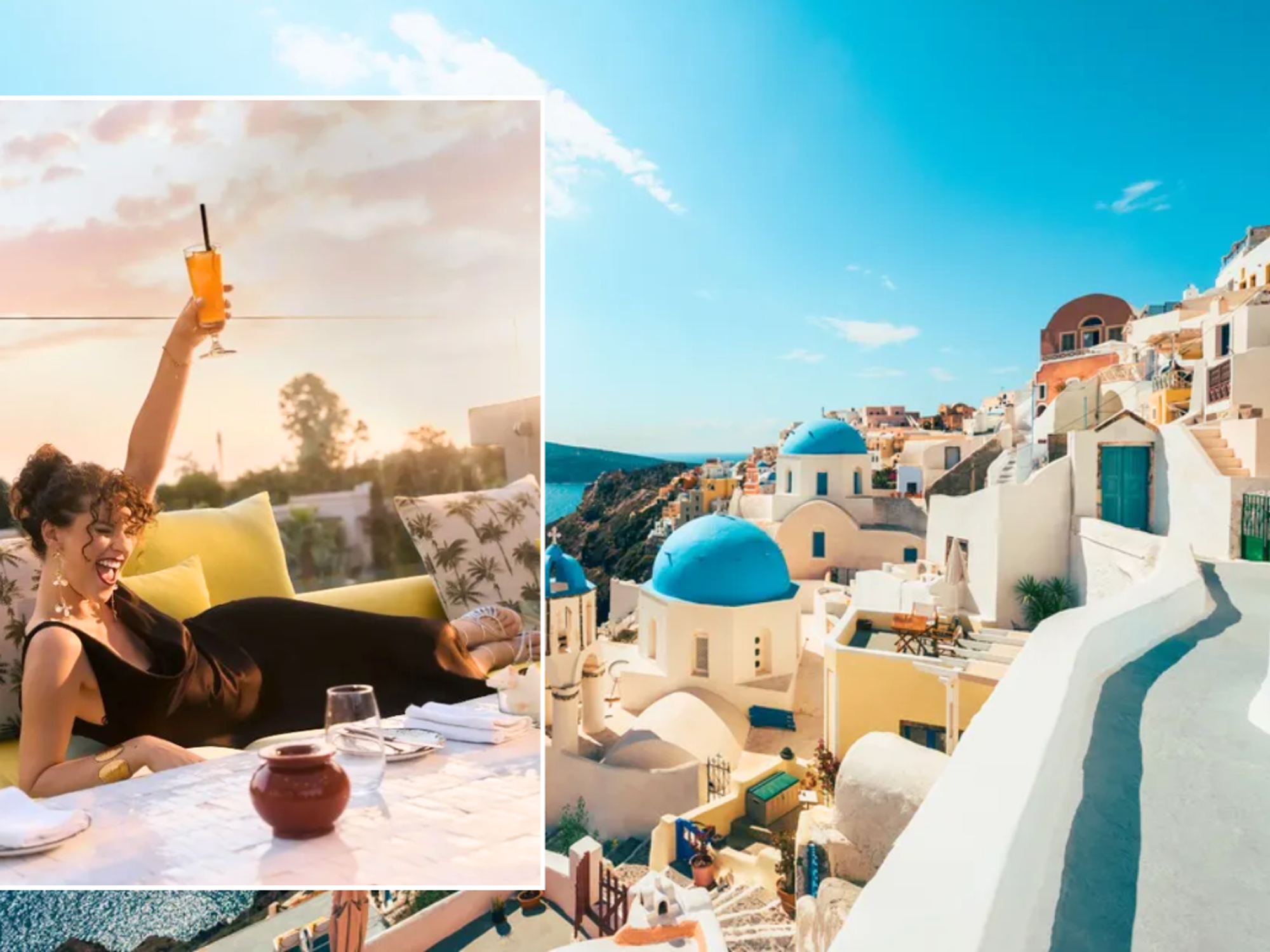 Woman cheers on holiday / Santorini, Greece
