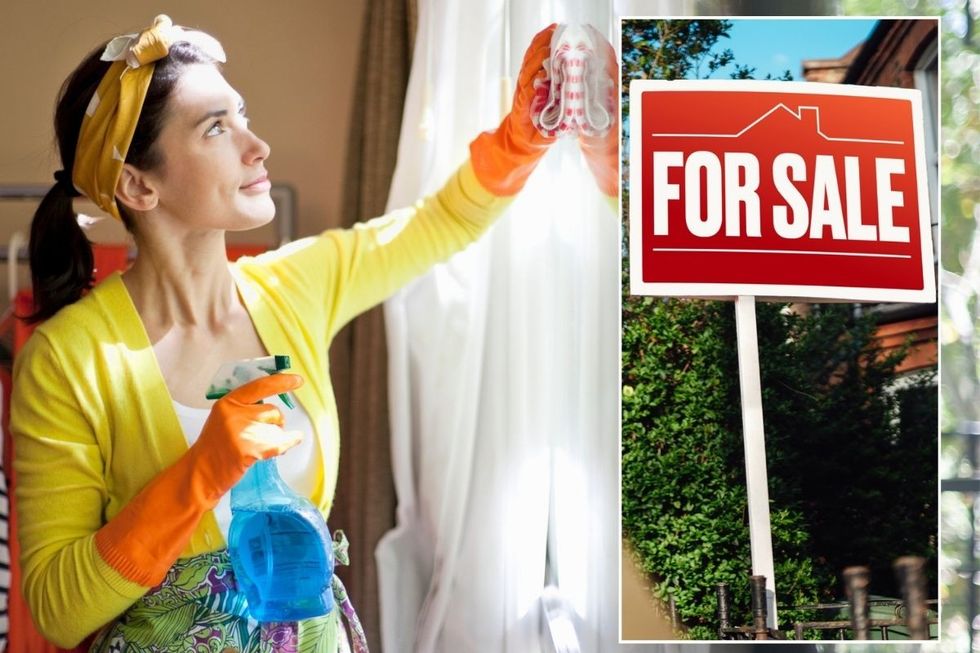Woman cleaning windows at home / For sale sign