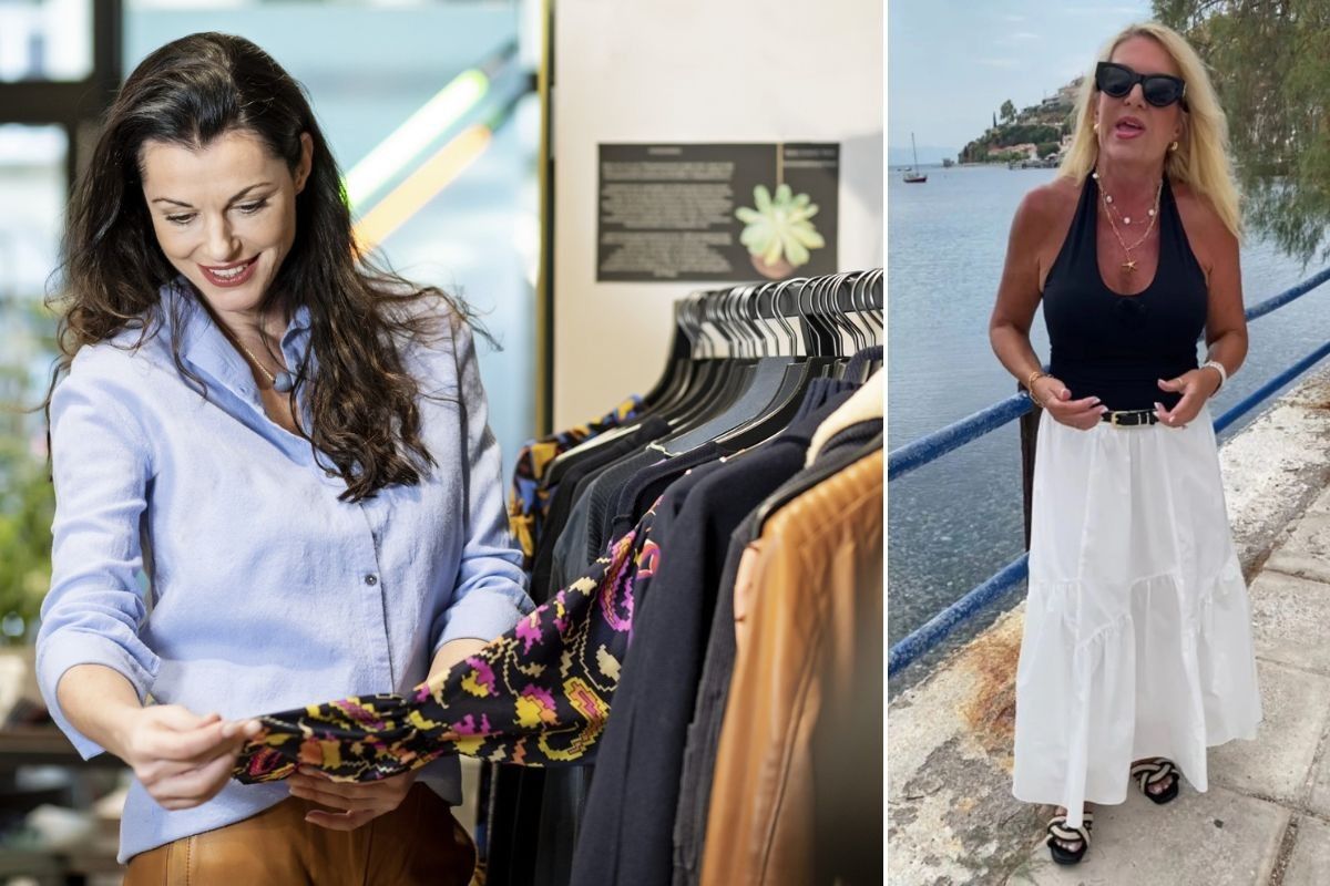 Woman clothes shopping / Deirdre Nicholas in a fitted top and maxi skirt