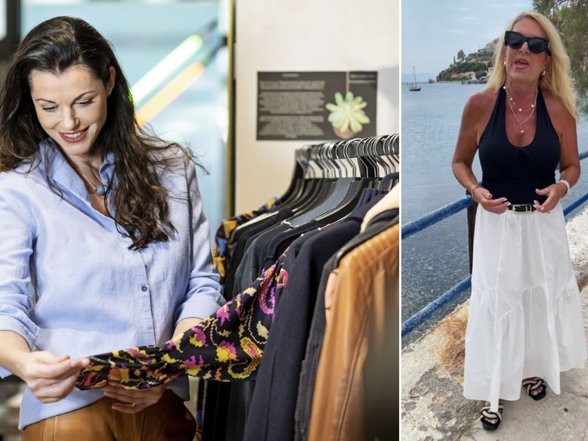 Woman clothes shopping / Deirdre Nicholas in a fitted top and maxi skirt