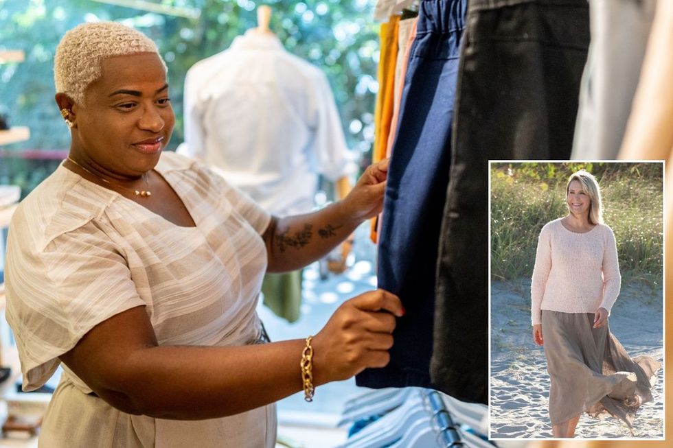 Woman clothes shopping for skirts / Woman wearing long skirt