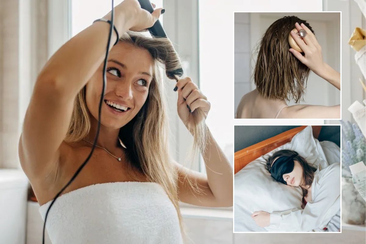 Woman curling her hair / Woman massaging oil into her hair / Woman sleeping on silk pillowcase
