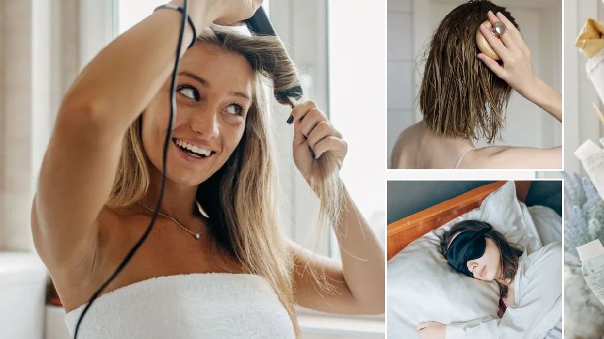 Woman curling her hair / Woman massaging oil into her hair / Woman sleeping on silk pillowcase