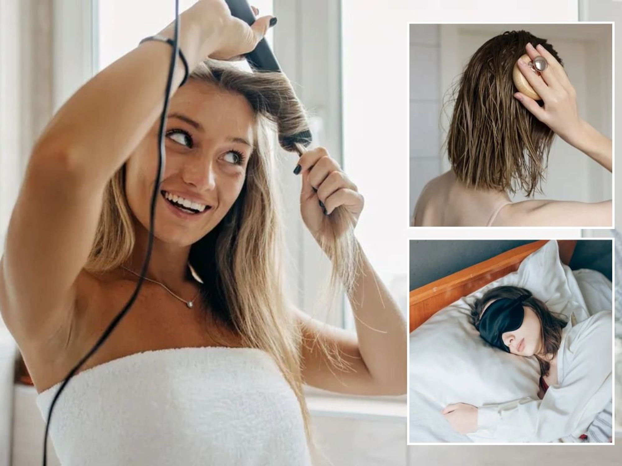 Woman curling her hair / Woman massaging oil into her hair / Woman sleeping on silk pillowcase