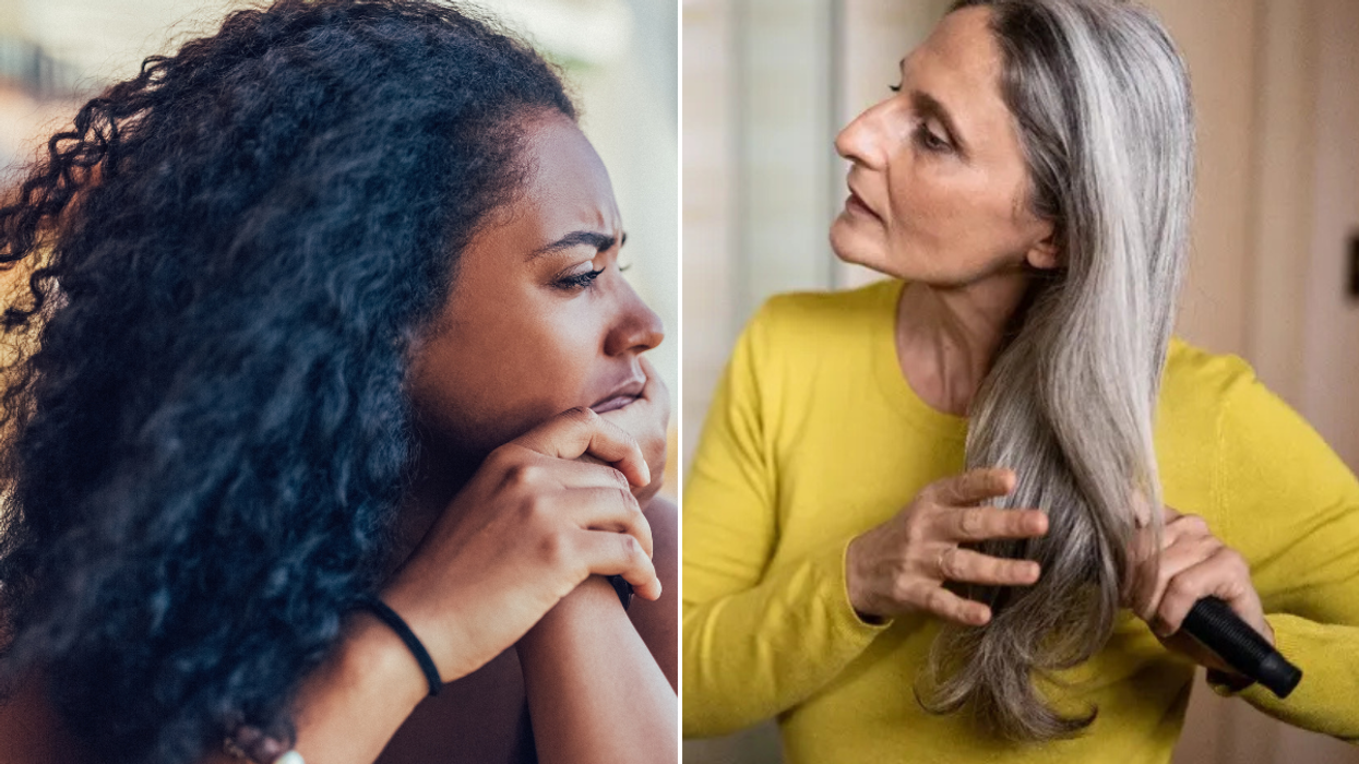 Woman curly hair / woman brushing grey hair