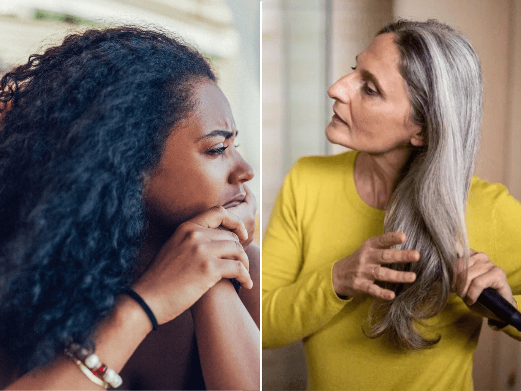 Woman curly hair / woman brushing grey hair