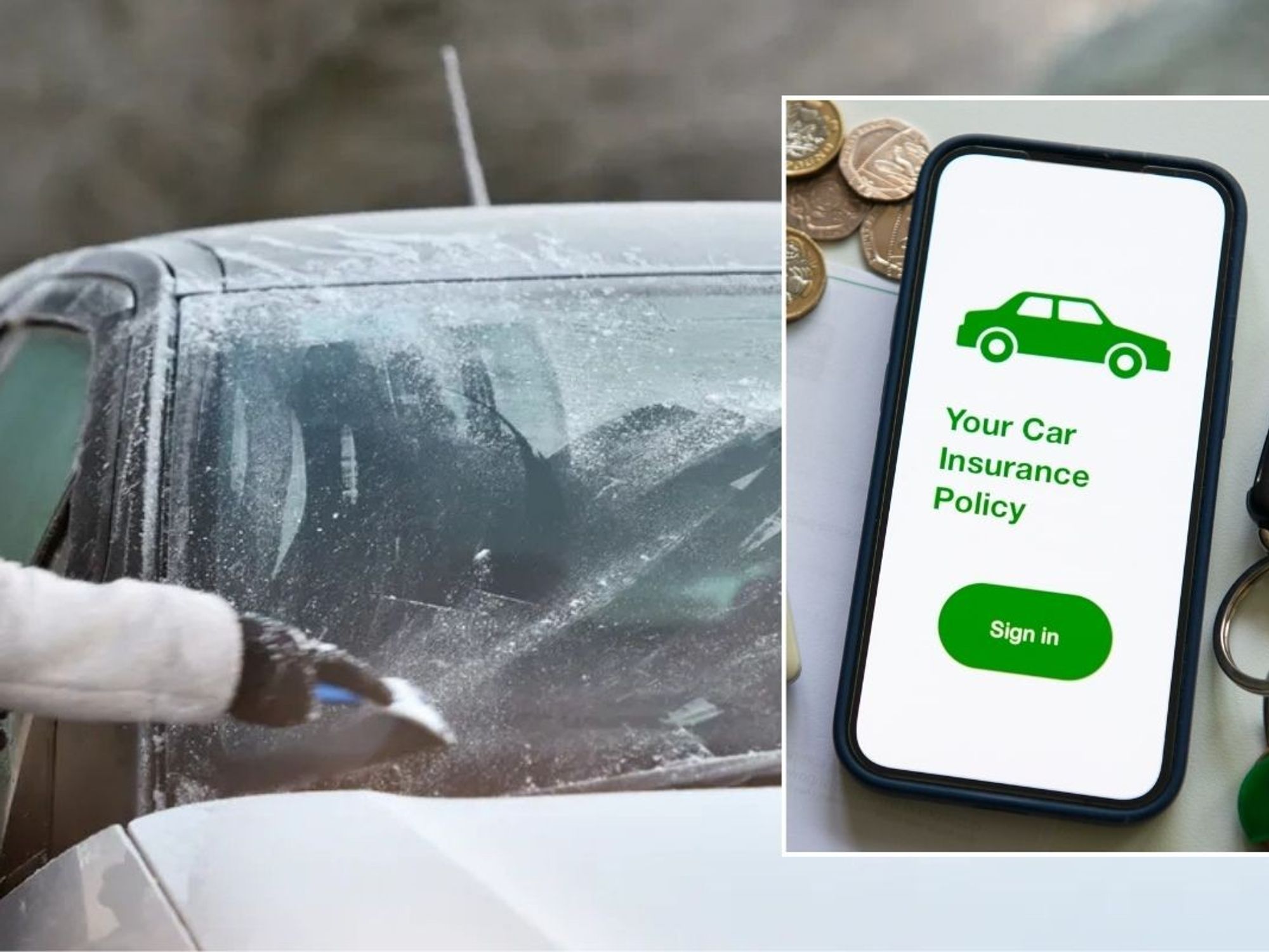 Woman defrosting her car and a car insurance policy phone screen