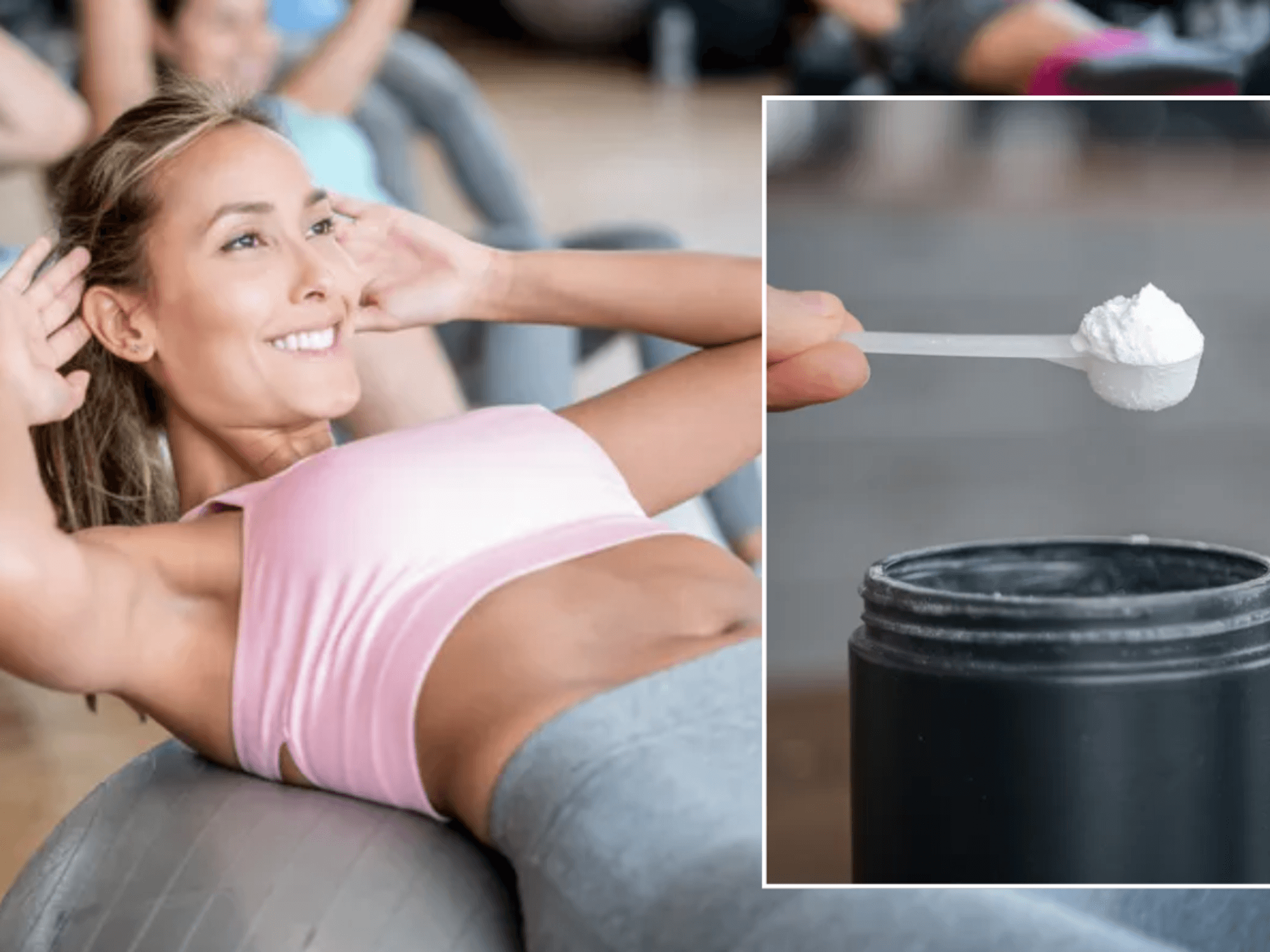 Woman doing sit-up in class / creatine in tub