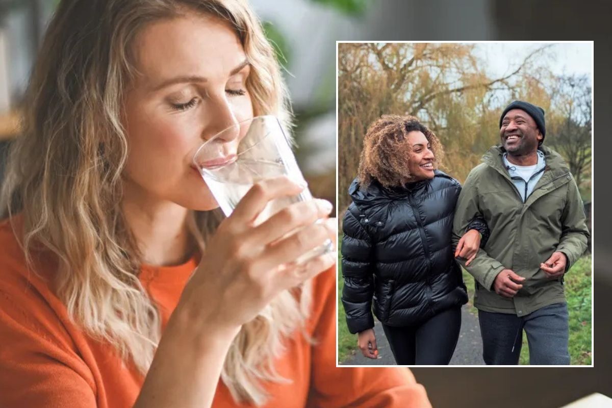 Woman drinking a glass of water / Couple walking