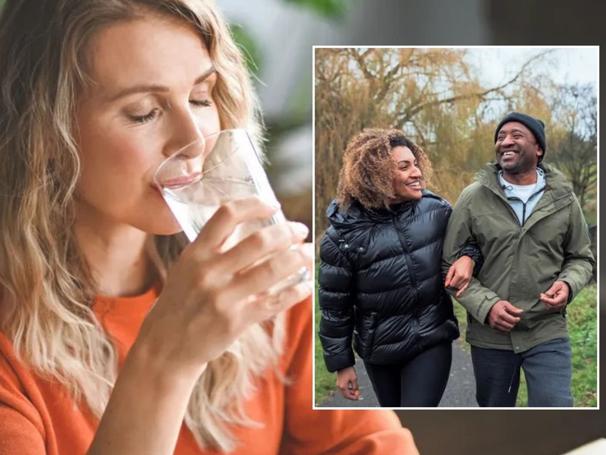 Woman drinking a glass of water / Couple walking