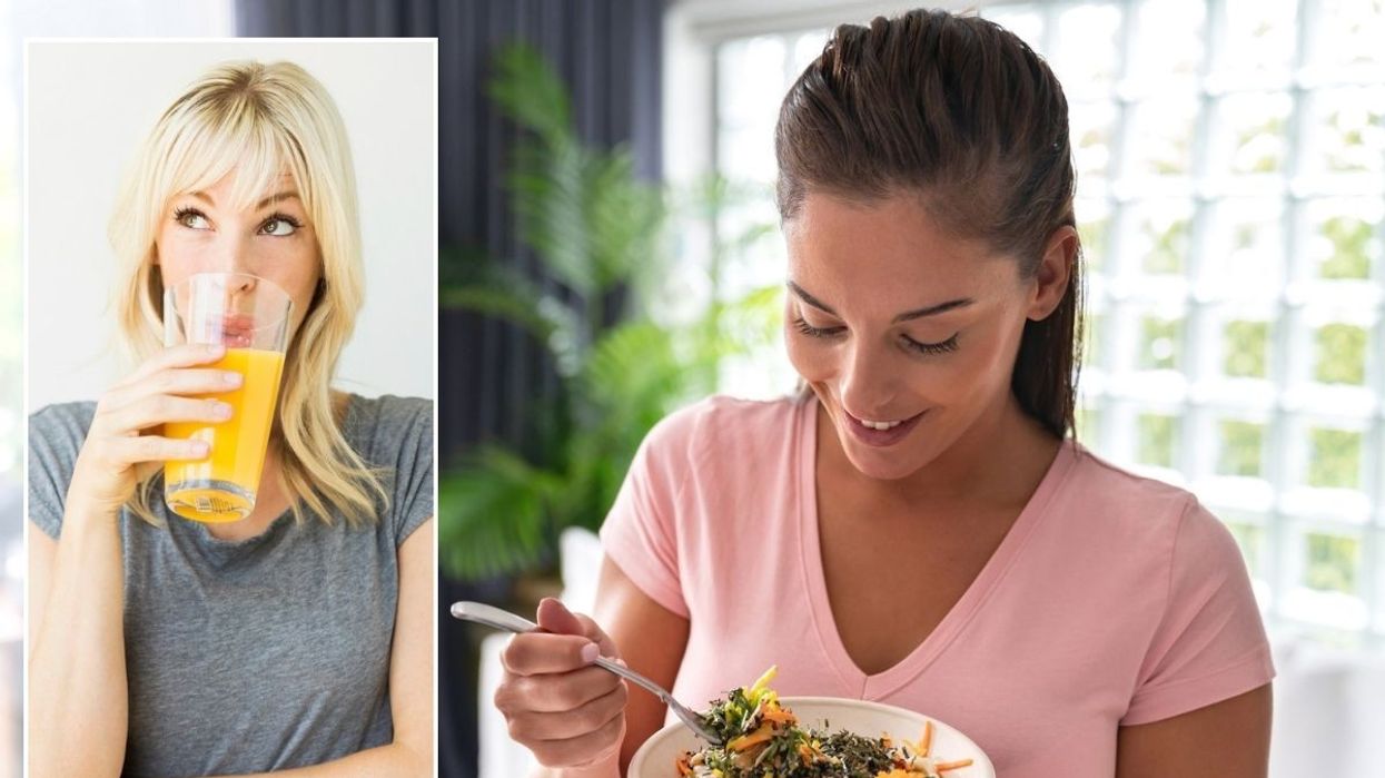 Woman drinking juice / Woman eating salad
