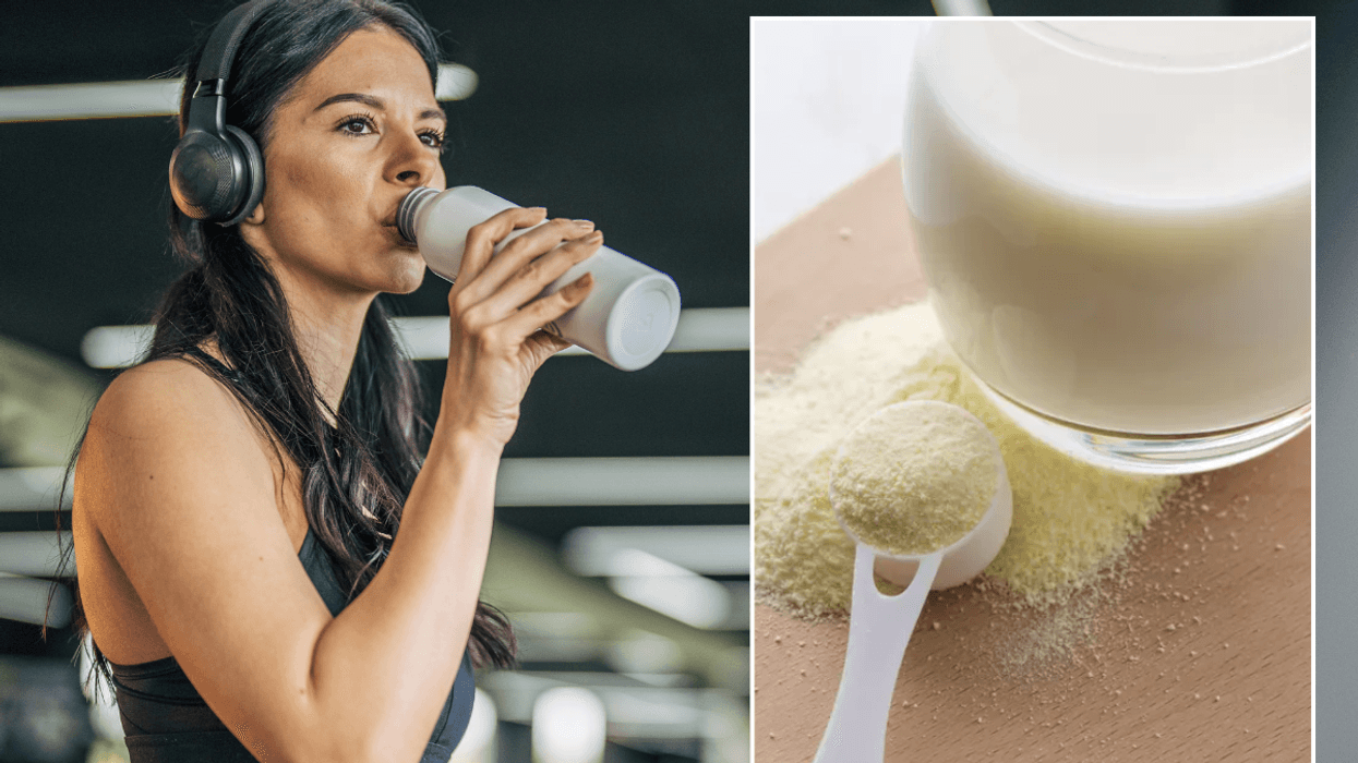 woman drinking protein shake at gym / protein powder