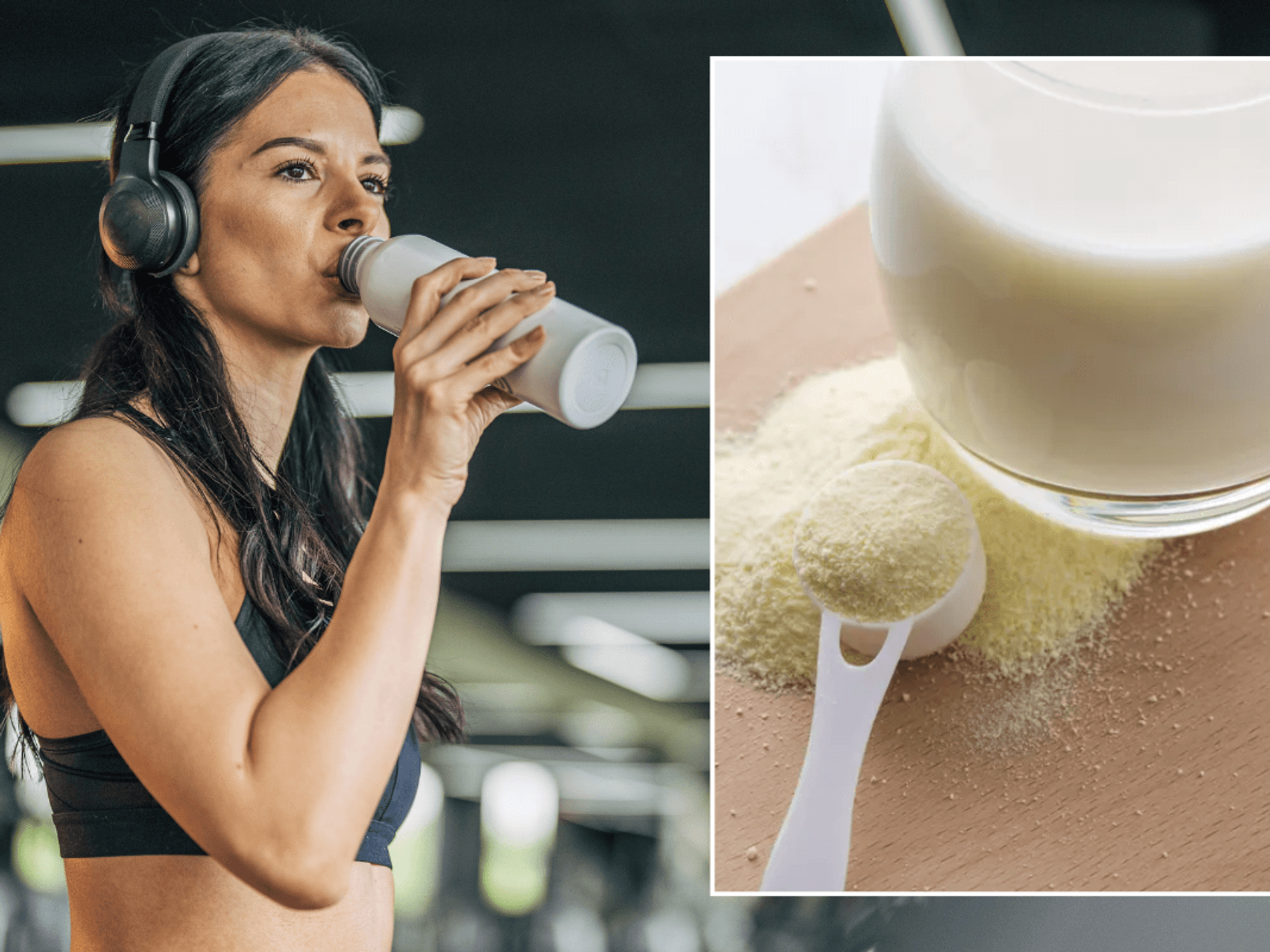 woman drinking protein shake at gym / protein powder